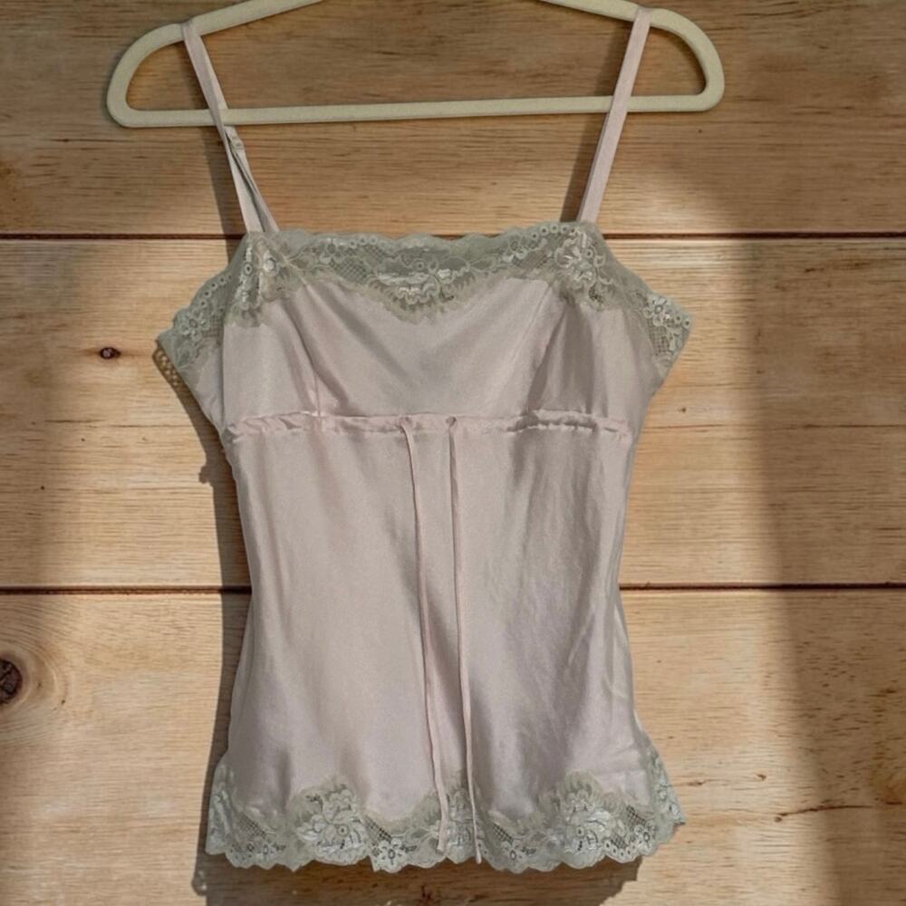 Julianna Rae 100% Silk Camisole M Pink Ivory Lace Coquette Lingerie Y2K top